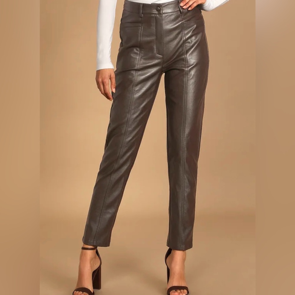 Chocolate Brown Vegan Leather Straight Leg Pants